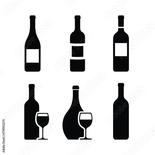 Collection of six black silhouette wine bottles and glasses icons