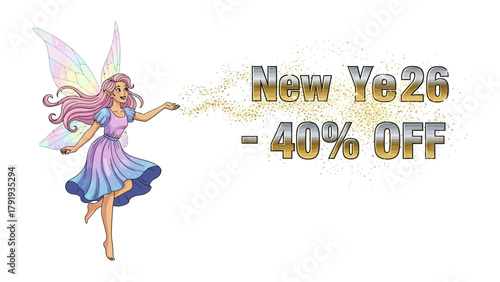 Mystical Offer: Enchanting fairy adorned in shimmering attire, sprinkling stardust to reveal a captivating promotion New Ya26 - 40% OFF that sparks imagination and wonder.