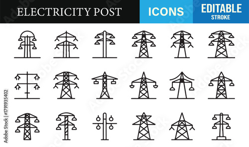 Editable stroke energy distribution icons featuring cables, pylons, and utility posts