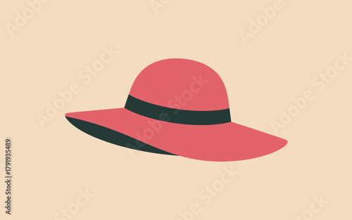 Stylish pink wide brim sun hat with dark ribbon accent