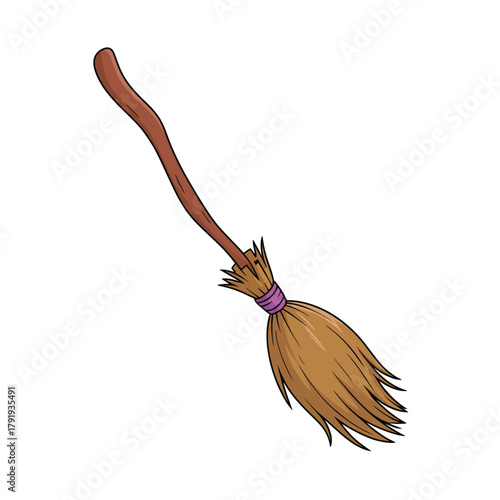 Hand drawn illustration of a witchs broomstick isolated on white background