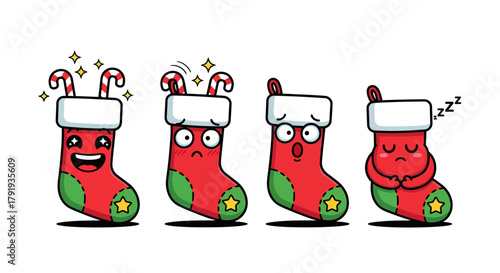 Christmas Stocking Emotions Joy, Sadness, Worry, and Sleepy Cartoon Character Variations