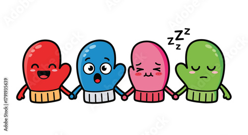 Set of cute kawaii cartoon mittens with different emotions holding hands together. Funny winter gloves characters