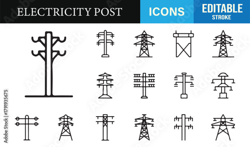 Minimalist line icons showing power poles, high-voltage towers, and electrical networks