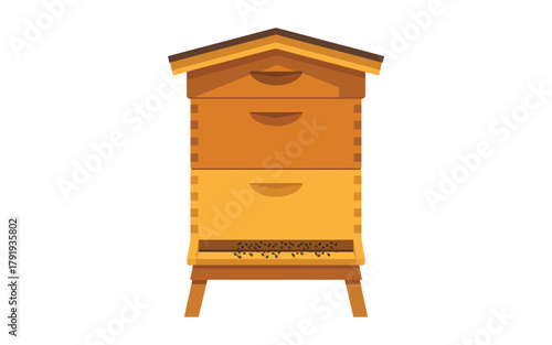 Tall wooden beehive with multiple levels for honey production