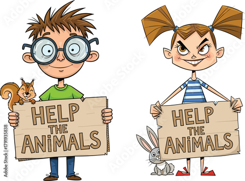 Cartoon kids holding help the animals sign, cute children with squirrel and rabbit, animal protection awareness illustration, save wildlife