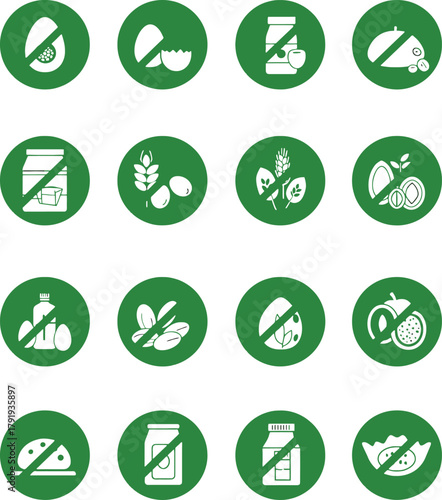 Green Circular Icons Indicating Food Allergens and Dietary Restrictions Keywords: food, allergy, allergen, restriction, icon, symbol, green, circle