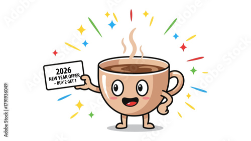 Animated New Year Coffee Offer: A cheerful coffee mug character joyfully presents a Buy 1 Get 1 New Year offer card, radiating celebratory energy with a playful design.