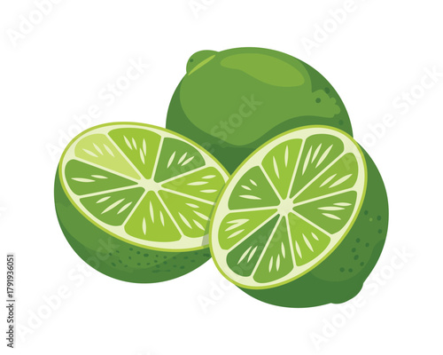 Fresh green limes one whole and one cut in half showing juicy segments
