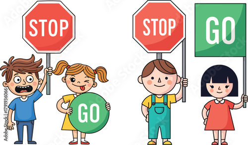 Cartoon kids holding stop and go traffic signs, road safety education illustration, learning rules, transportation awareness, child behavior concept