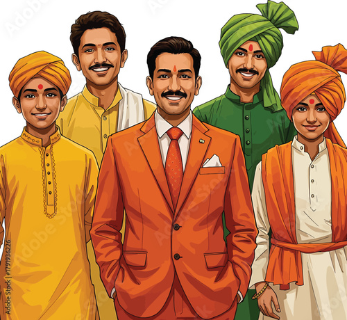 Group of Five Indian Men in Traditional and Modern Attire on White Background people traditional clothing