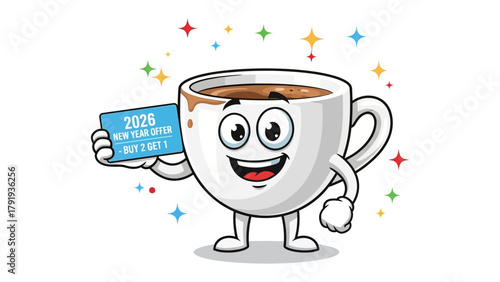 Coffee Cup Cartoon with 2026 Offer: A cheerful coffee cup character holds a card, offering a special Buy 2 Get 1 deal for the New Year 2026, radiating positivity and promoting a tempting coffee offer.