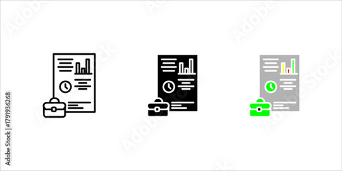 Business Report and Briefcase Line Art Icon set A minimalist black outline vector icon representing business analysis, financial reporting, time management, or professional documentation.