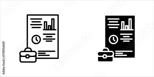 Business Report and Briefcase Line Art Icon set A minimalist black outline vector icon representing business analysis, financial reporting, time management, or professional documentation.