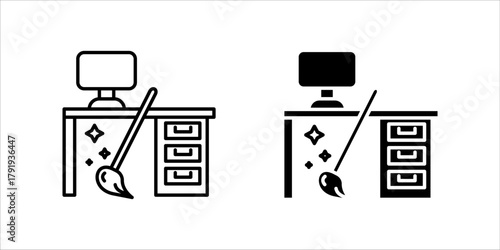 Office Desk Cleaning and Maintenance Icon set.A solid black silhouette vector icon representing office cleaning, workplace hygiene, or maintenance services. The design features a computer monitor 