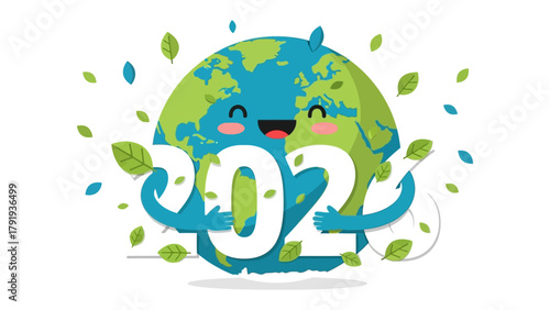 Earth's Embrace: A cheerful illustration of the Earth happily embracing the year 2022, symbolizing environmental awareness and the planet's well-being.