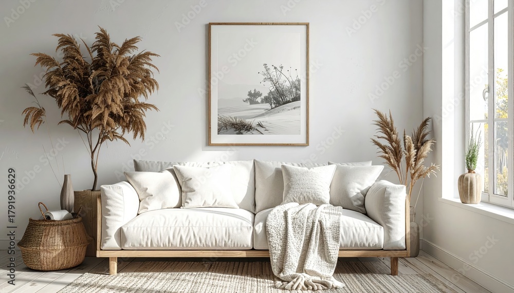 Fototapeta premium Neutral room sofa, pampas, art, light, clean