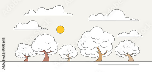 Whimsical hand drawn trees and clouds with a golden orb