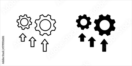 Process Optimization and Growth Gears Icon set. A solid black silhouette vector icon representing process improvement, performance optimization, efficiency, and continuous growth. 