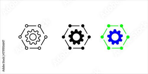 Network Configuration and Integration Gear Icon set. A minimalist black outline vector icon representing system configuration, decentralized network, integration, or settings management.