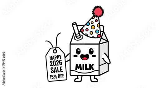 Milky Celebratory Deal: A cheerful carton of milk, adorned with a festive hat, gleefully offers a promotional tag indicating a sale.