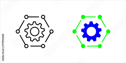 Network Configuration and Integration Gear Icon set. A minimalist black outline vector icon representing system configuration, decentralized network, integration, or settings management.