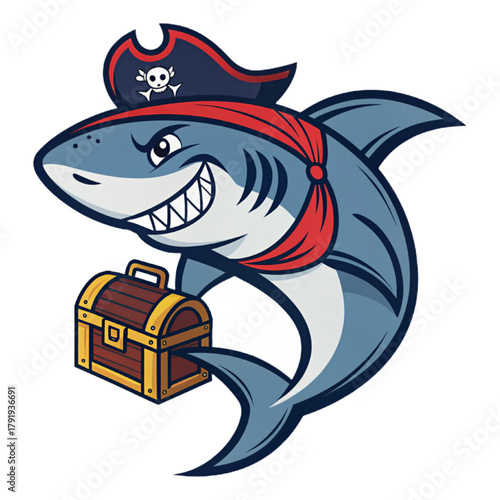 Pirate Shark Esport Mascot Logo Vector – Nautical Predator Emblem with Solid Blue‑Grey and Red Accent Flat Design, Modern Gaming Badge

