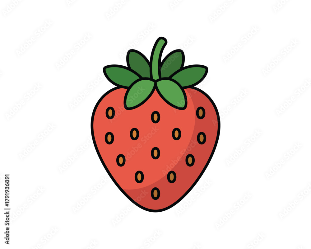 Obraz premium Cute hand drawn cartoon strawberry illustration with green leaves and seeds