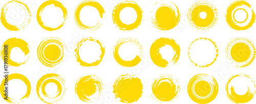 Collection of Yellow Brushstroke Circles and Suns on White Background