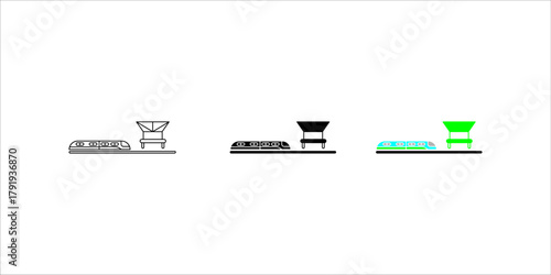Train Station and Modern Rail Transport Icon set.A solid black silhouette vector icon representing a train station, railway platform, subway stop, or public transport hub. The design features
