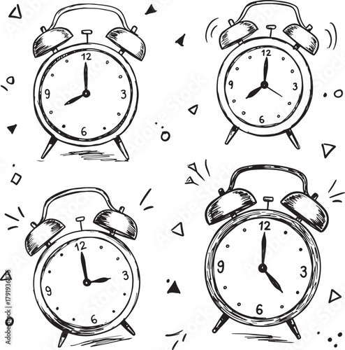 Hand-drawn doodle alarm clocks in various poses and states of ringing on a white background Keywords: alarm clock, time, wake up, morning, ringing