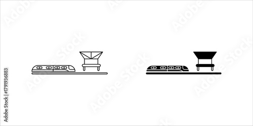 Train Station and Modern Rail Transport Icon set.A solid black silhouette vector icon representing a train station, railway platform, subway stop, or public transport hub. The design features