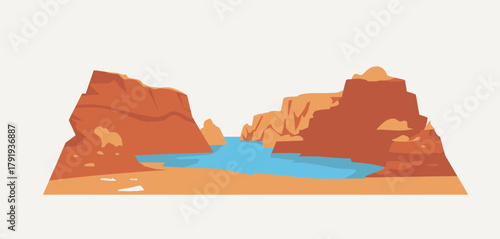 Stylized illustration of a desert canyon with a winding blue river