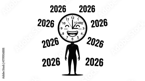 Time Traveler's Glee: A whimsical illustration depicts a figure with a clock face for a head, encircled by the year 2026.