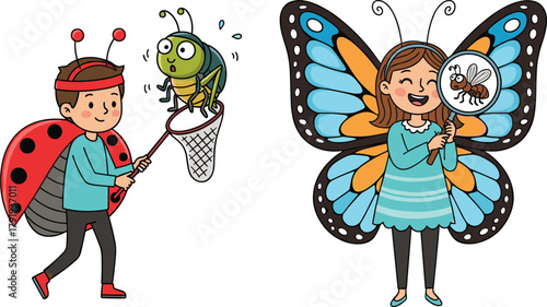 Cute cartoon children dressed as insects, boy ladybug and girl butterfly costume, fun nature exploration, insect collecting and learning illustration