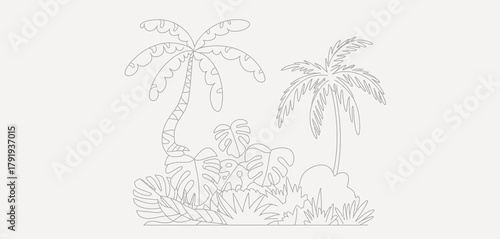 Elegant vintage botanical illustration of palm trees and foliage in white and pale green