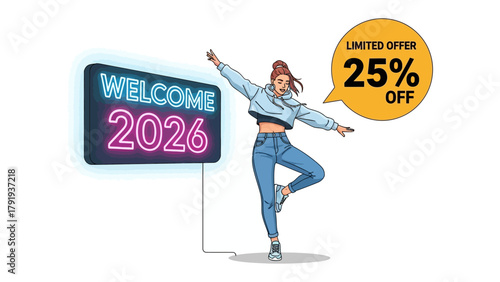 Embracing New Beginnings: A stylish woman strikes a pose, flanked by a neon sign welcoming the future and a promotional banner for a tempting discount.