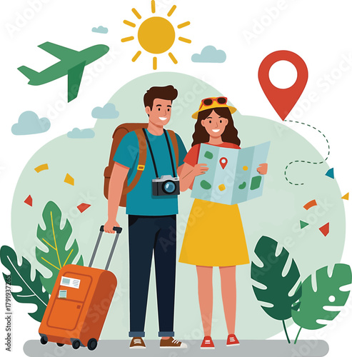 Happy couple with map and luggage embarking on a travel adventure with airplane and sun Keywords: travel, couple, adventure, vacation, journey, map