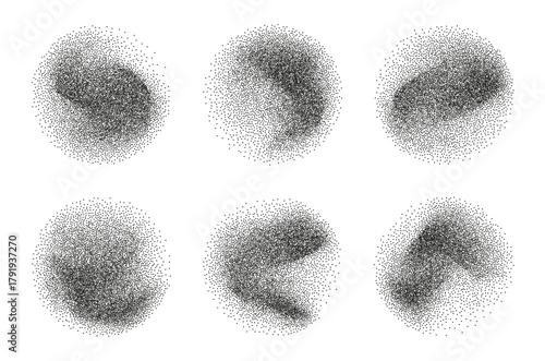 Set of dotted grain gradient circles. Abstract elements with rough noisy sand dotted texture. Vector gritty patterns with black particle for banner, poster, cover design. Elements with stipple effect.