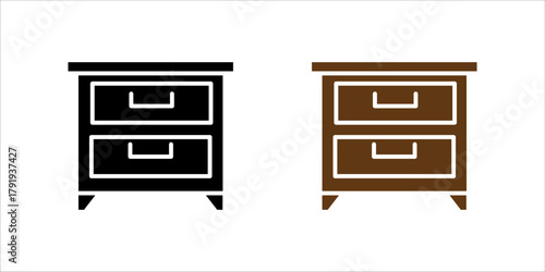 A minimalist black outline vector icon representing a nightstand, bedside table, or small storage drawer cabinet. The design features a square cabinet with two drawers and handles, standing on small l