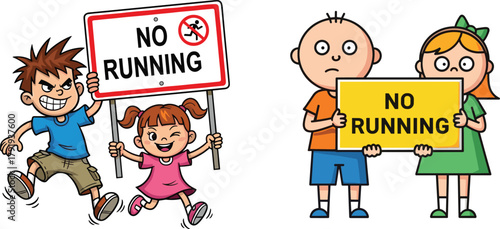 Funny kids holding no running sign, cartoon children characters breaking rules, educational safety illustration teaching discipline, awareness, and proper behavior