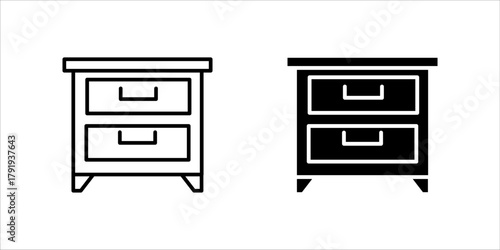 A minimalist black outline vector icon representing a nightstand, bedside table, or small storage drawer cabinet. The design features a square cabinet with two drawers and handles, standing on small l