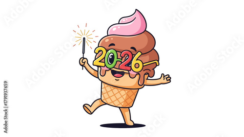 Ice Cream Cone with 2026 Spectacles and Sparkler: A cheerful ice cream cone, adorned with spectacles displaying the year 2026 and holding a sparkler, radiates an atmosphere of celebration, fun.