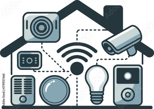 Smart home security and automation devices connected within a house outline isolated on transparent background