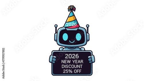 Robotic New Year Discount: A friendly robot heralds the new year, offering a discount, presenting a futuristic twist to holiday promotions.