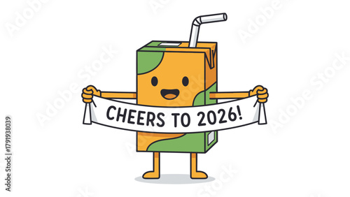 Joyful Toast to the Future: A cheerful animated juice box radiates positivity, holding a banner exclaiming Cheers to 2026! against a crisp and clean backdrop.