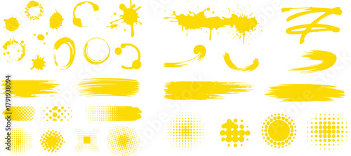 Collection of Yellow Paint Splatters, Brush Strokes, and Halftone Dots