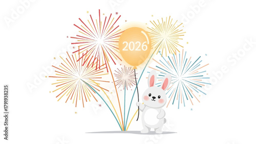 Celebratory New Year 2026: An illustration showcases a joyous bunny holding a balloon marking the year 2026, against a backdrop of vibrant fireworks, symbolizing new beginnings and celebration.