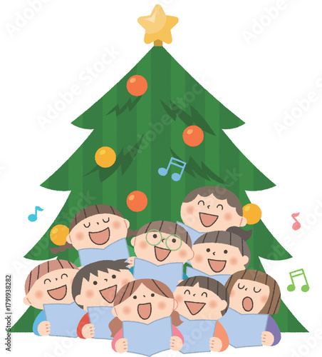 クリスマスツリーと合唱する子供達
