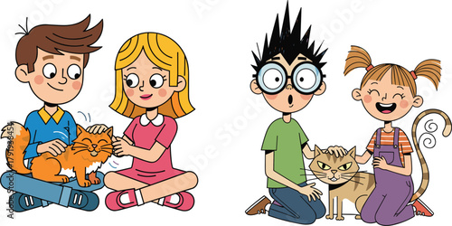 Happy children playing with cats, cute cartoon illustration of kids petting animals, friendship, fun, joy, and love for pets